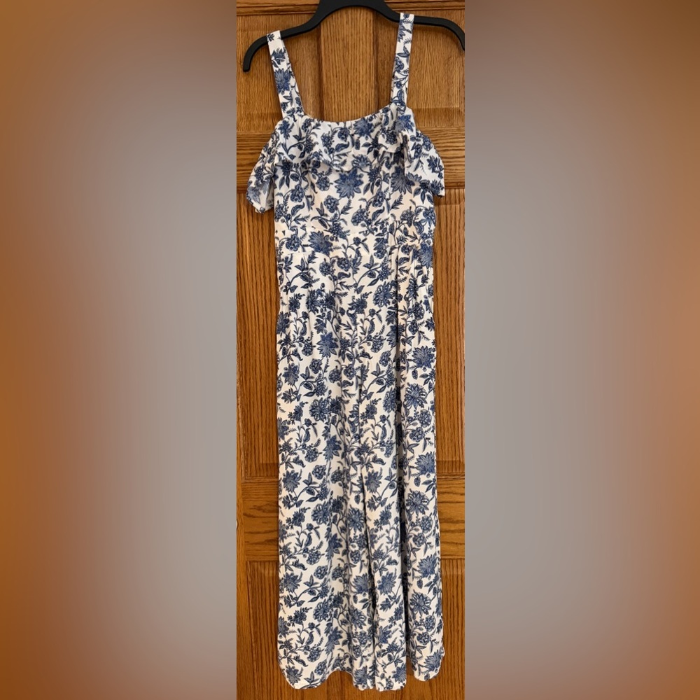 LOFT SLEEVELESS RUFFLE FRONT BLUE & WHITE TRELIS FLORAL JUMPSUIT SIZE 0 - Picture 3 of 12